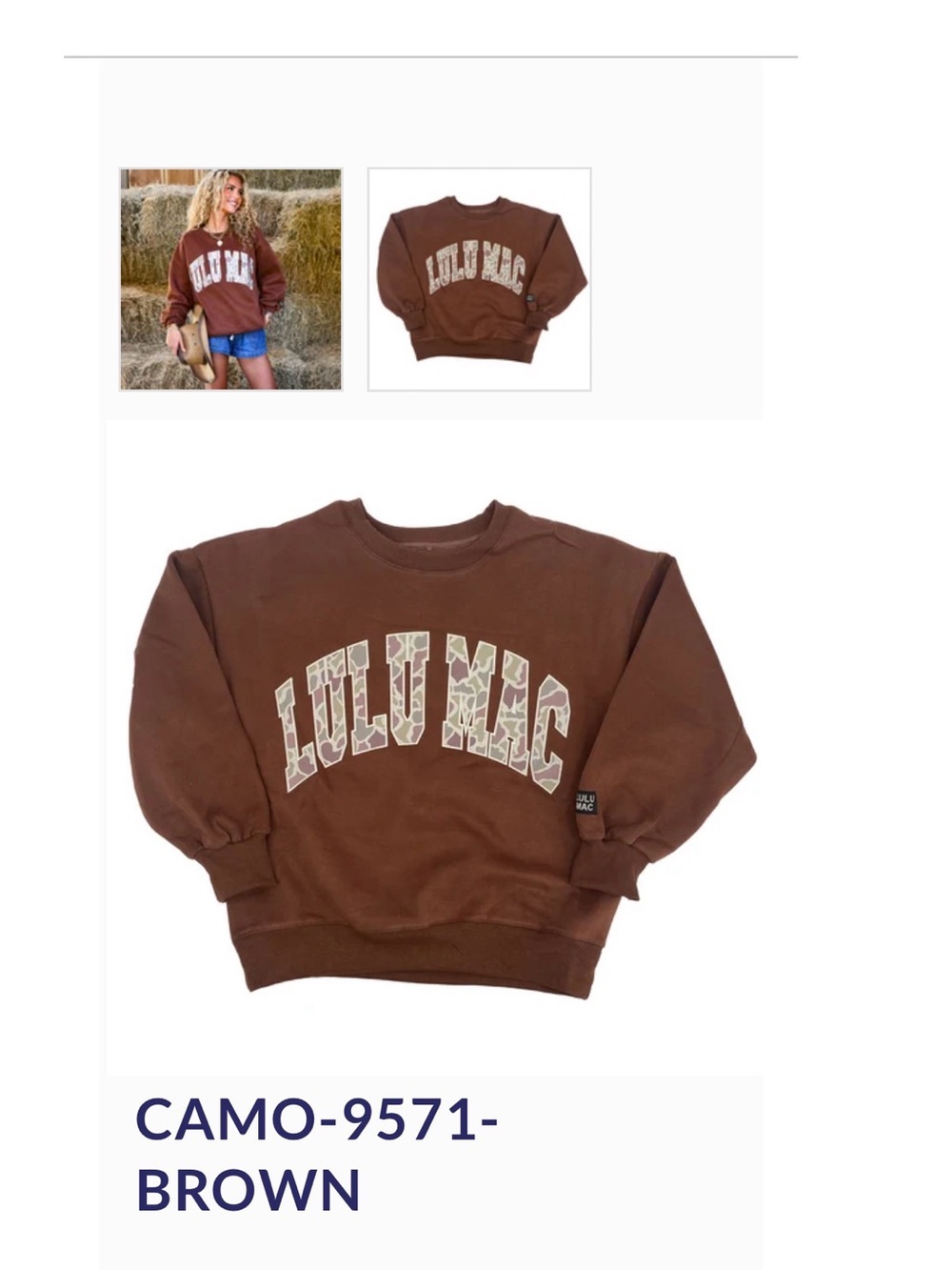 Lulu Mac Brown Camo Logo Crewneck Sweatshirt new with tags